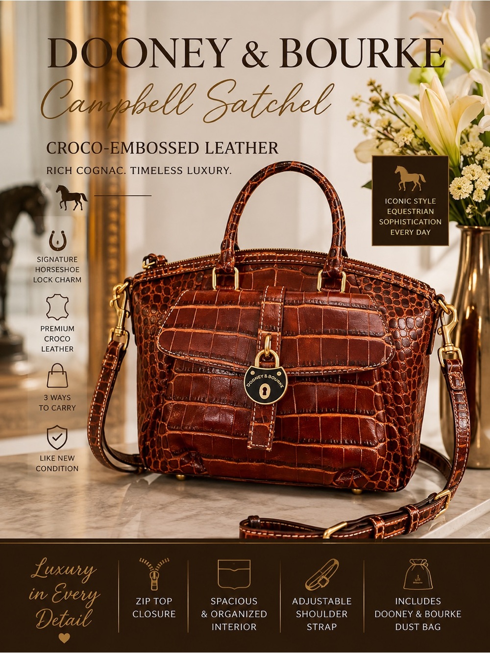 Dooney & Bourke Campbell Croc-Embossed Leather Satchel Cognac Luxury - Crossbody